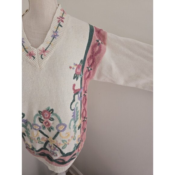 Russ Studio Floral Knit Cotton Cottagecore V-Neck Vintage 80s 90s Sweater M - Picture 4 of 11